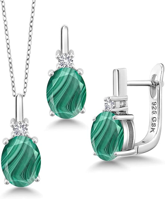 Gemstone Birthstone and White Created Sapphire Pendant and Earrings Jewelry Set for Women in 925 Sterling Silver | Oval 8X6MM and Round 2.5MM | With 18 Inch Chain | Fine Jewelry for Her Mom Women Wife