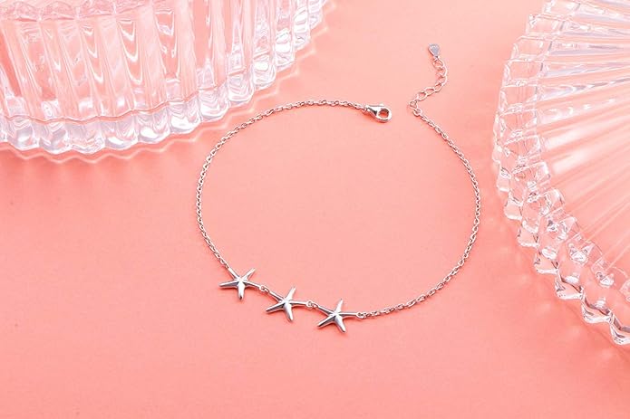 Anklet for Women S925 Sterling Silver Adjustable Foot Evil Eye Starfish Heart Bead Butterfly Celtic Knot Cross Multilayer Layered Ankle Bracelet Jewelry