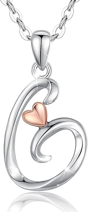 CELESTIA 925 Sterling Silver Initial Necklaces 26 Letter with Rose Gold Heart - 18 Inch Chain