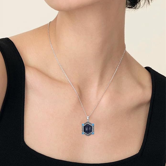 Unisex Vintage Bohemian Necklace Hexagon Blue Sandstone Pendant Necklace with Turquoise, 18+2" Adjustable Western Chain for Men and Women