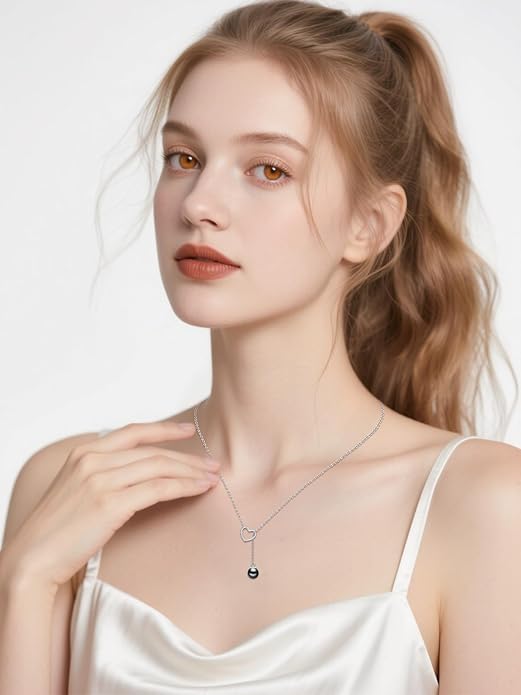 KANNSOAR Tahitian Black Pearl AAAA 18K White Gold Plated Sterling Silver Heart Pendant Y Necklace for Wedding Anniversary Birthday Graduation Jewelry Gift for Women Wife Mom Girlfriend