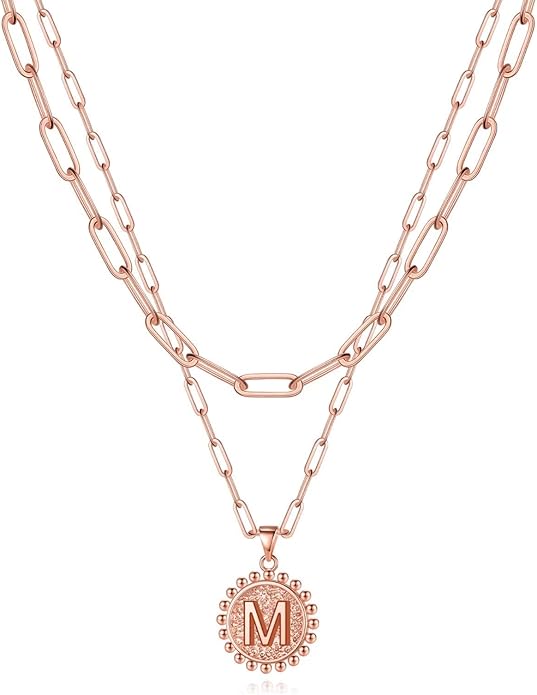 Yoosteel Gold Initial Necklaces for Women, 14K Gold Plated Dainty Layering Paperclip Link Chain Necklace Coin Initial Layered Necklaces for Women Personalized Birthday Gifts