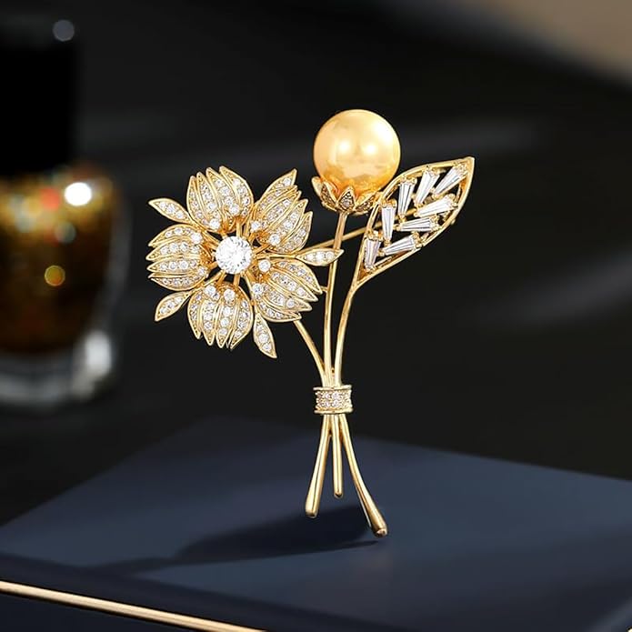 14K Gold Crystal Flower Brooch with Shiny Pearls - Exquisite Floral Pin, Versatile Gift for Mother's Day, Valentine's, or Friendship Celebrations