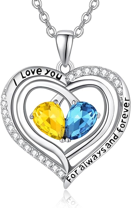 Zeuslia Double Birthstone Necklace Gifts for Wife - 925 Sterling Silver Sunflower/Rose/Crown Cross/Compass/Heart Pendant I Love You Necklace, Anniversary Birthday Gifts for Wife Girlfriend Mom Her