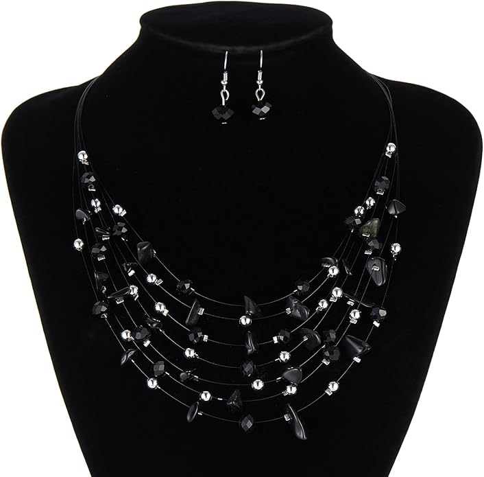 Multi-Layer Boho Shell Beaded Necklace for Women Colorful Crystal Strand with Silver Beads Statement Collars Necklace and Earrings Costumes Jewelry Sets for Women