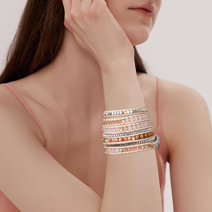 Boho 5 Wrap Bead Bracelet for Men Women - Handmade Adjustable Natural Chakras Stone Crystal Beaded Bracelets Cuff Rope Yoga Healing Bracelet Bangle Hippie Jewelry