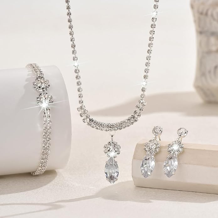 MIFYNN Rhinestone Wedding Set for Women Sparkle Crystal Earrings Necklace Bracelet Jewelry Set Wedding Party Prom Jewelry Set for Brides Bridesmaid