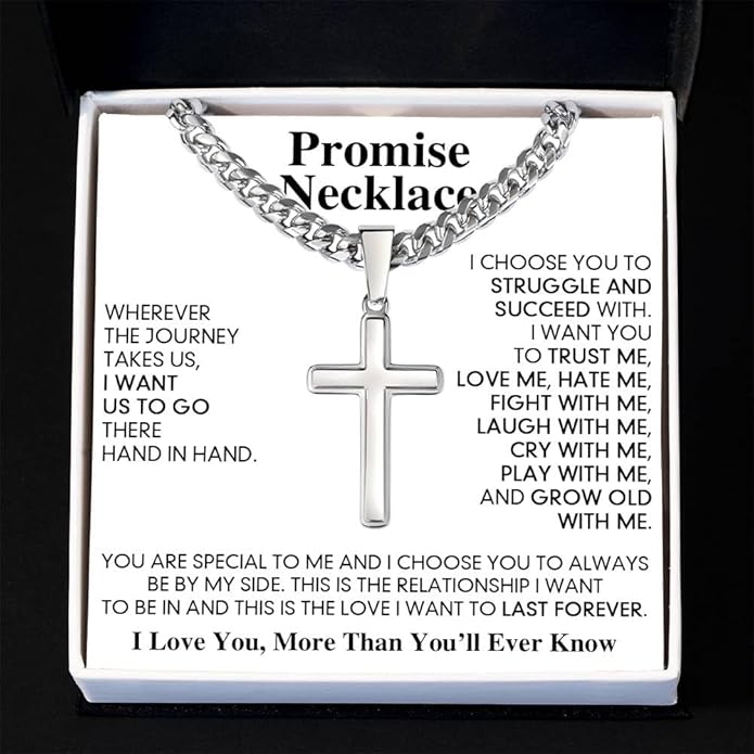 GLAVICY Promise Cross on Cuban Necklace For Him, Sentimental Gift for Husband, Boyfriend, Man with Message Card and Box, Promise Jewelry on Birthday, Valentine Day