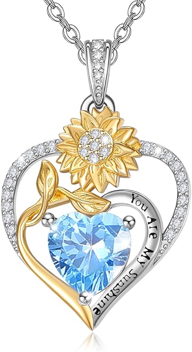 Zeuslia Double Birthstone Necklace Gifts for Wife - 925 Sterling Silver Sunflower/Rose/Crown Cross/Compass/Heart Pendant I Love You Necklace, Anniversary Birthday Gifts for Wife Girlfriend Mom Her