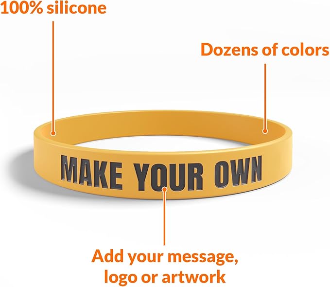 Custom Wristbands For Events, Fundraisers & Promotions | Add Text, Icons, & Logos | Bulk Rubber Bracelets | Classic 1/2” | 100% Silicone