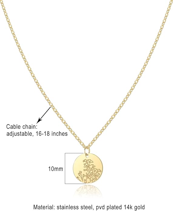 Birth Flower Necklace, 14K Gold Plated Floral Pendant Necklaces for Women, Simple Dainty Birth Month Flower Necklace, Birthday Jewelry for Women - 12 Month