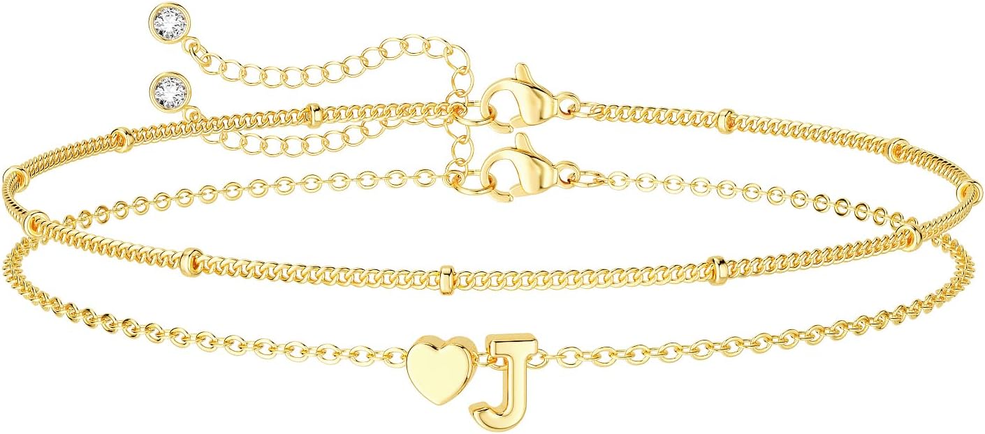 DEARMAY Dainty Initial Heart 14K Gold Plated Bracelets for Women Trendy, Letter Charm Bracelet Jewelry Cute Simple Fashion Chain Gift
