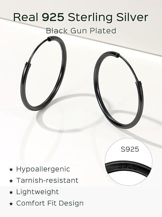 ChicSilver Hypoallergenic 925 Sterling Silver Hoop Earrings for Women, Lightweight Large Gold Plated Hoop Earrings, Endless Hoops Earring 20/30/40/50/60/70MM