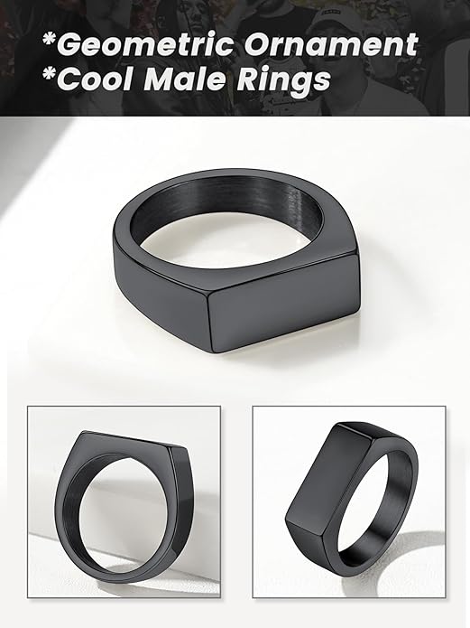 Bestyle Stainless Steel Signet Ring for Men Women in Gold/Black/Silver/Vintage Gray Tone, Chunky Thick Heavy Dome Band Ring Cool Finger Ring, Gift for Dad Husband, Size 7-14 Customizable