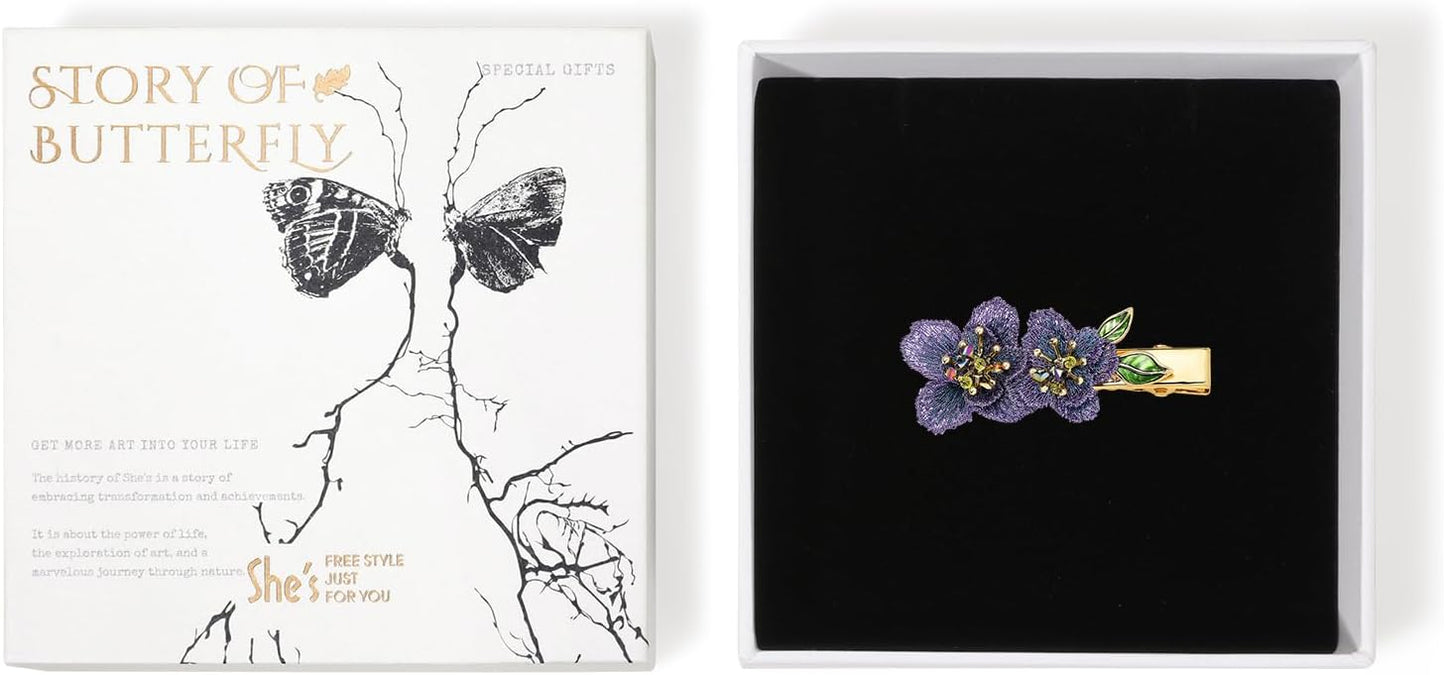 Forget me not Flower Brooch Handmade Gold Thread Embroidered and hand-Drip Enamel leaf, Gradient Botanical Floral Brooch pins for women, SHE'S FREE STYLE JUST FOR YOU [Bencao Gangmu Series]Vintage Plant Jewelry
