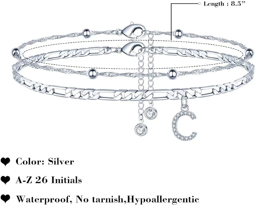 Ursteel Ankle Bracelets for Women, 14K Gold Plated Dainty Layered Chain CZ Initial Anklets Summer Jewelry Gifts for Women
