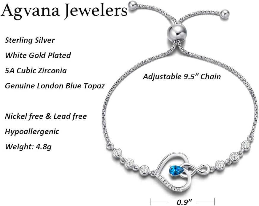 AGVANA Heart Birthstone Bracelets for Women Sterling Silver Genuine or Created Gemstone Tennis Bracelet Infinity Love Jewelry Anniversary Birthday Gifts for Wife Mom Women