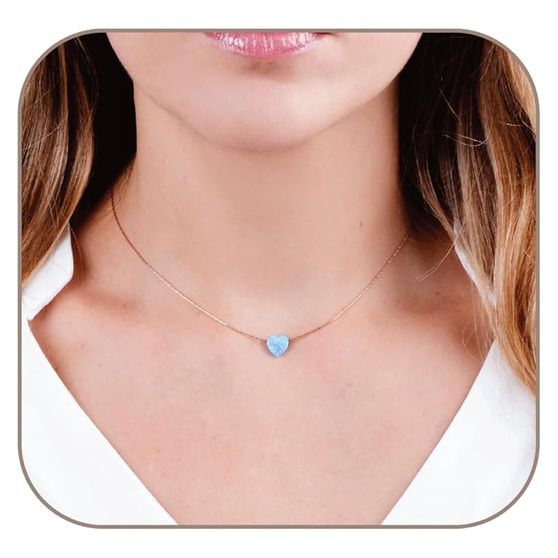 Blue Opal Heart on 14K Gold Filled Choker Necklace - Designer Handmade Thin Collar for Women - Length: 13.5 inch + 3 inch Extender (sky blue, rose gold filled)
