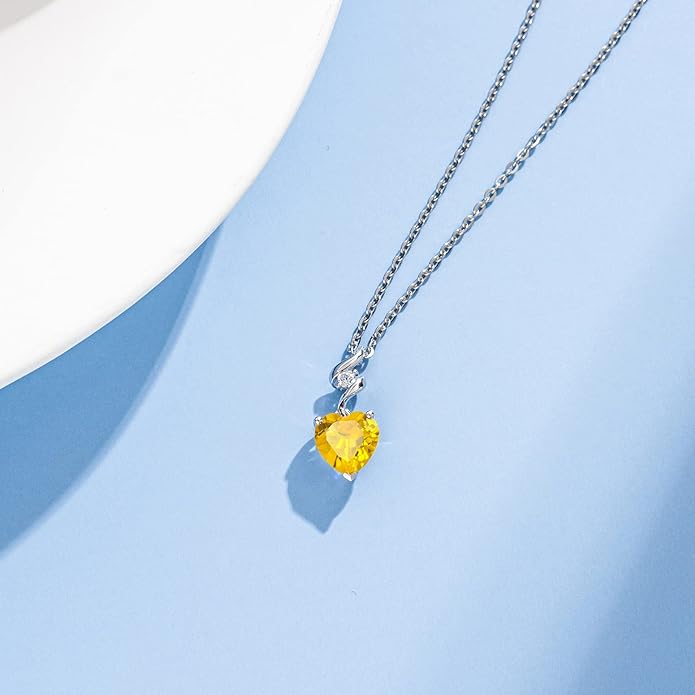AGVANA 14K Solid White Gold Diamond Gemstone Pendant with Sterling Silver Chain 8mm Heart Birthstone Necklace Fine Jewelry Anniversary Birthday Gifts for Women Mom Wife
