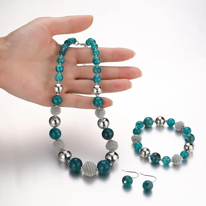 PEARL&CLUB Beaded Chunky Statement Necklace Earring and Bracelet Set Silver Metal Bead Fashion Jewelry Set Mothers’ Day Gifts for Women