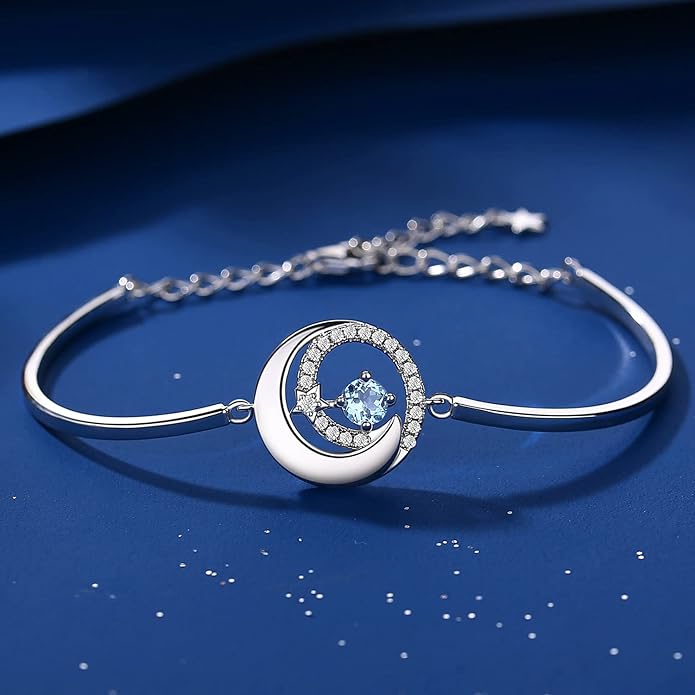 FANCIME Birthstone Bracelets 925 Sterling Silver Moon and Star Bangle Charm Bracelet Fine Jewelry Birthday Anniversary Christmas Day Gift for Her Women, Adjustable Chain 6.7"+1.2" Extend