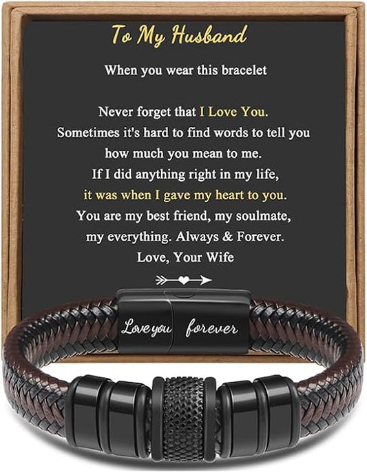 𝐆𝐢𝐟𝐭 𝐟𝐨𝐫 𝐌𝐞𝐧 Braided 𝐋𝐞𝐚𝐭𝐡𝐞𝐫 𝐁𝐫𝐚𝐜𝐞𝐥𝐞𝐭 for Men Dad Husband Boyfriend Son Grandson Brother Stainless Steel Clasp Engraved with Love You Forever Jewelry Birthday Gift 7.5 8.5 9 Inch