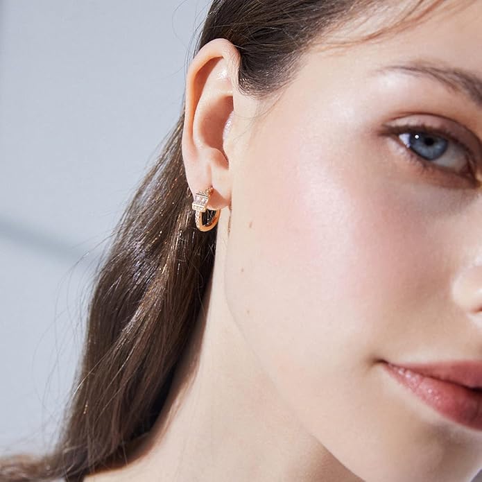 Gold Huggie Hoop Earrings 14K Gold Plated Dainty Chunky Thick Hoop Diamond Cubic Zriconia Inlay Sleeper Tiny Delicate Boho Beach Simple Hypoallergenic Jewelry Gift for Her