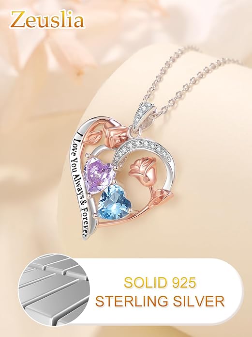 Zeuslia Double Birthstone Necklace Gifts for Wife - 925 Sterling Silver Sunflower/Rose/Crown Cross/Compass/Heart Pendant I Love You Necklace, Anniversary Birthday Gifts for Wife Girlfriend Mom Her