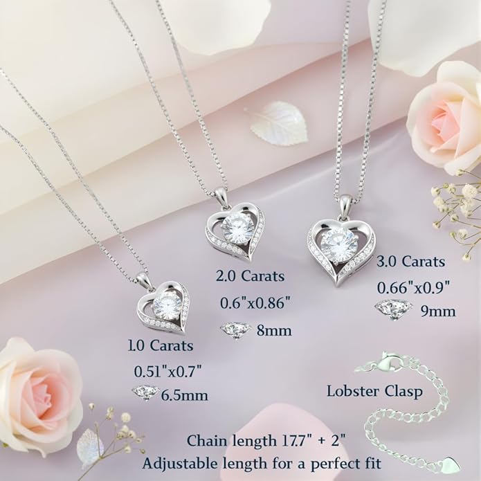 1-3 Carats Moissanite Necklace for Women, Heart Pendant Engraved 'I LOVE YOU', Birthday Gift for Girlfriend Daughter, Anniversary Present for Wife, Jewelry Gifts for Christmas Mothers Valentine's Day