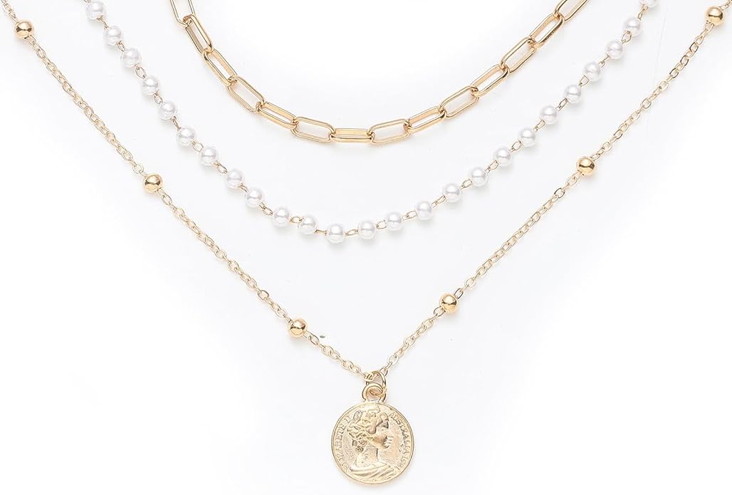 Layered Round Pendant Necklace Gold Plated Dainty Multilayer Choker Layering for Women Necklaces Stylish Minimalist Pendants Simple Chain Stacked Necklace Jewelry Gifts