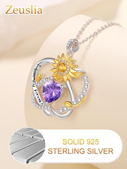 Zeuslia Double Birthstone Necklace Gifts for Wife - 925 Sterling Silver Sunflower/Rose/Crown Cross/Compass/Heart Pendant I Love You Necklace, Anniversary Birthday Gifts for Wife Girlfriend Mom Her