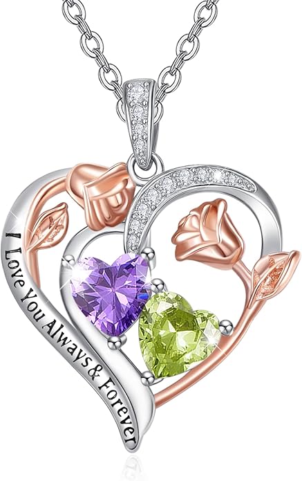 Zeuslia Double Birthstone Necklace Gifts for Wife - 925 Sterling Silver Sunflower/Rose/Crown Cross/Compass/Heart Pendant I Love You Necklace, Anniversary Birthday Gifts for Wife Girlfriend Mom Her