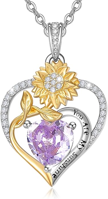 Zeuslia Double Birthstone Necklace Gifts for Wife - 925 Sterling Silver Sunflower/Rose/Crown Cross/Compass/Heart Pendant I Love You Necklace, Anniversary Birthday Gifts for Wife Girlfriend Mom Her