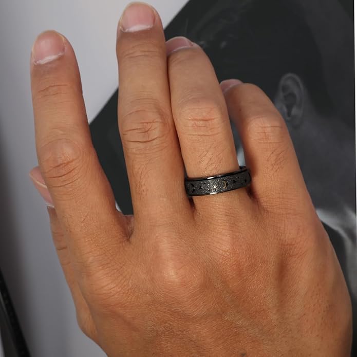 AmorArtSky Anxiety Ring for Women Men, Titanium Stainless Steel Spinner Ring, 5 Colors, 6MM, Size 6-10, 3 Styles Anxiety Ring-Moon Star, Sandblasted Finished, Hollow Outer