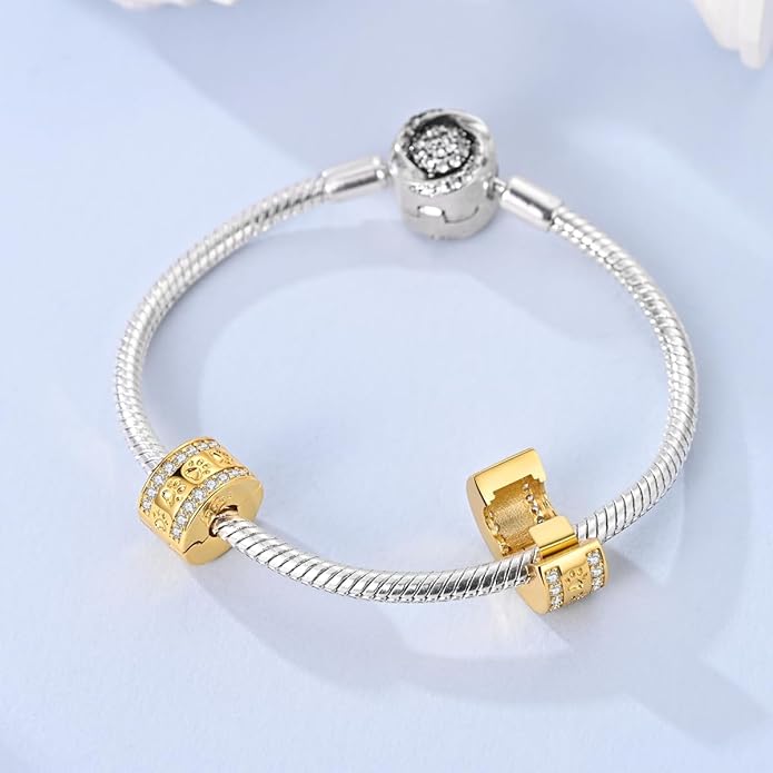 Parmuz Clip Spacer Charm for Bracelet 925 Sterling Silver Pave Cubic Zirconia Lock Stopper Bead Star Moon Evil Eye Jewelry Charm for Woman