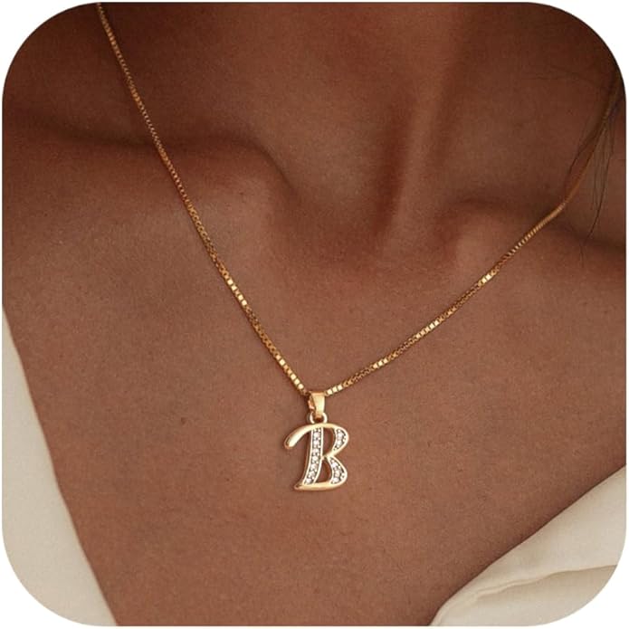 Initial Necklace for Women, 14K Gold Plated Box Chain Letter Pendant, Trendy Name Necklace, Dainty Personalized Jewelry Gift for Her