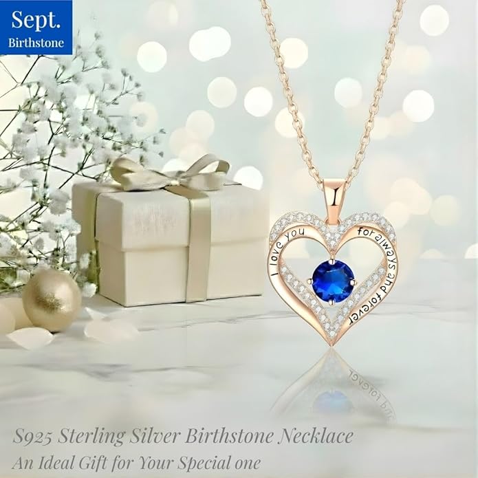 Birthstone Heart Necklace for Women Wife Girlfriend Mom Daughter Gifts S925 Silver Jewelry For Anniversary Rose Gold Gifts For Birthday Christmas Mothers Valentines Day