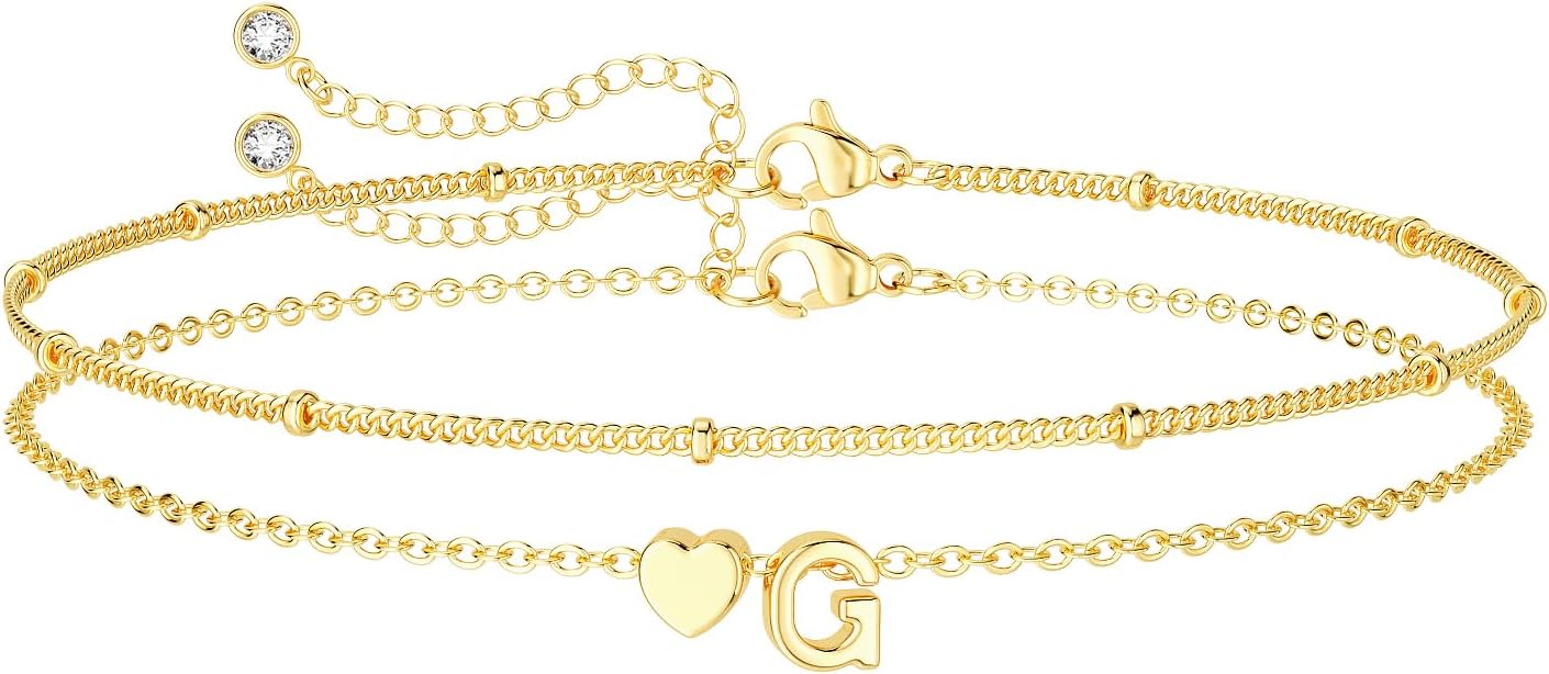 DEARMAY Dainty Initial Heart 14K Gold Plated Bracelets for Women Trendy, Letter Charm Bracelet Jewelry Cute Simple Fashion Chain Gift
