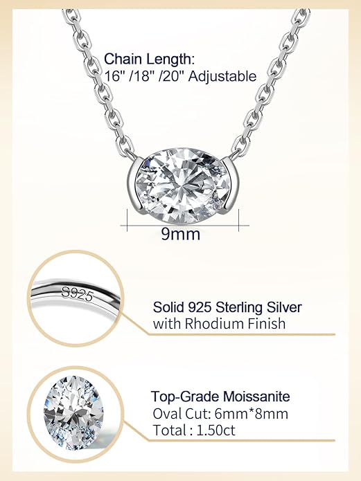 CYW Moissanite/Ruby/Sapphire/Emerald Dainty Pendant Necklace for Women, Novelty Design, Really Authentic Solid 925 Sterling Silver, 16"/18"/20" Adjustable, Birthday Anniversary Valentines Gift