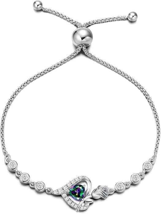 AGVANA Rosy Reverie Birthstone Bracelet for Women Sterling Silver Genuine or Created Gemstone Tennis Bracelet Rose Heart Jewelry Anniversary Birthday Gifts for Women Mom Wife Her