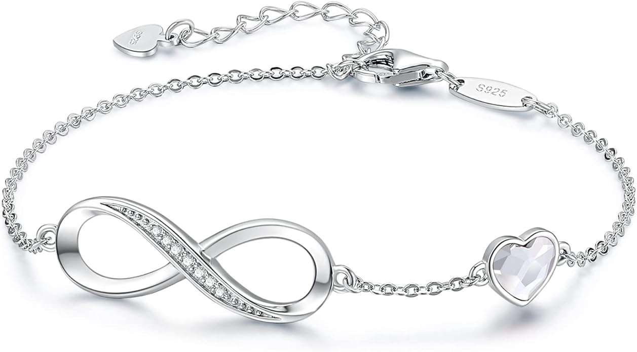 CDE Infinity Heart Birthstone Charm Link Bracelet for Women 925 Sterling Silver Adjustable Mother's Day Gift Anniversary Birthday Jewelry for Wife Girlfriend Her