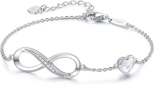 CDE Infinity Heart Birthstone Charm Link Bracelet for Women 925 Sterling Silver Adjustable Mother's Day Gift Anniversary Birthday Jewelry for Wife Girlfriend Her