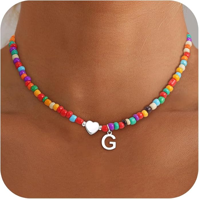 Colorful Initial Necklaces for Girls Women Kids - Teen Girls Gifts Trendy Stuff Beaded Initial Necklace Dainty Letter Choker Necklace for Girl Gifts Jewelry