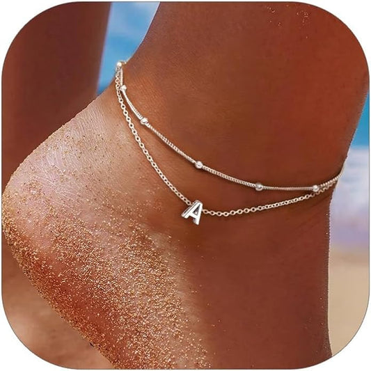 ChicSilver Ankle Bracelets for Women Waterproof, 925 Sterling Silver Initial Anklets for Women, Adjustable Dainty Layered Anklet Beach Jewelry for Women Mom Wife Friend