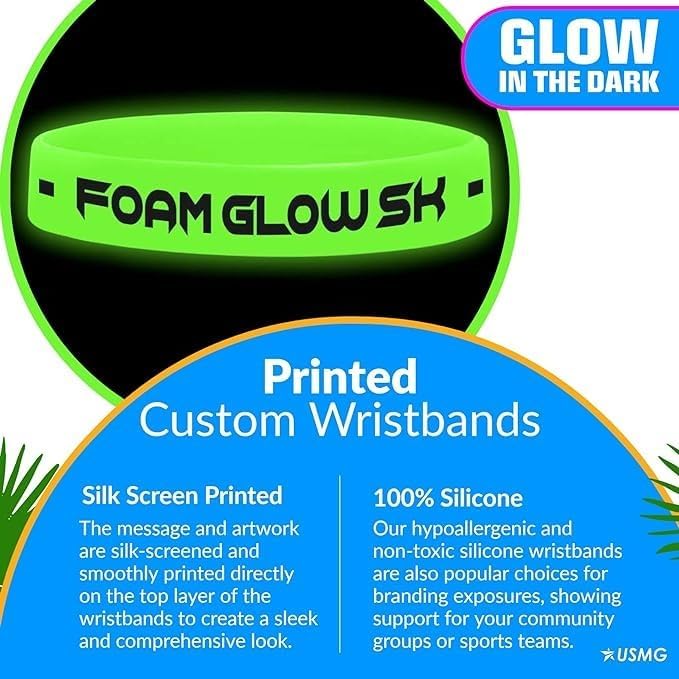 USMG Custom One Color Print Neon Silicone Wristbands - Personalized Printed - Add a Message - Customizable Rubber Bracelets