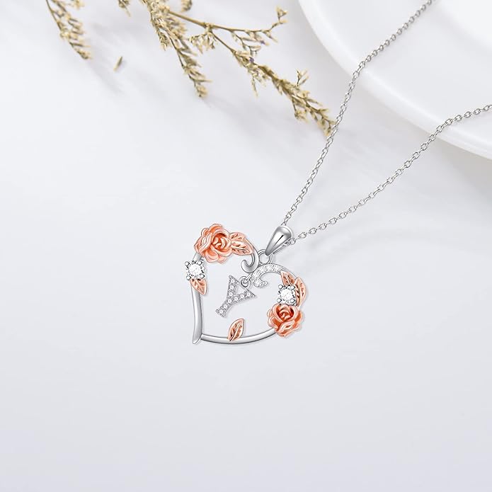 AOBOCO Rose Heart Necklaces Valentines Gifts for Women, 925 Sterling Silver Rose Love Heart Initial Letter Pendant Necklace Jewelry Mothers Day Christmas Birthday Gifts for Her Mom Wife Girlfriend