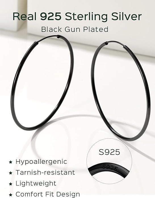 ChicSilver Hypoallergenic 925 Sterling Silver Hoop Earrings for Women, Lightweight Large Gold Plated Hoop Earrings, Endless Hoops Earring 20/30/40/50/60/70MM