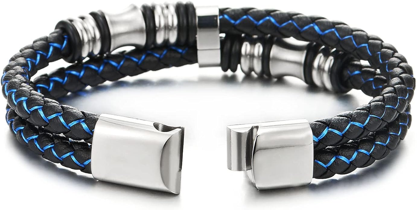 COOLSTEELANDBEYOND Mens Double-Row Braided Leather Bracelet Bangle Wristband with Stainless Steel Ornaments
