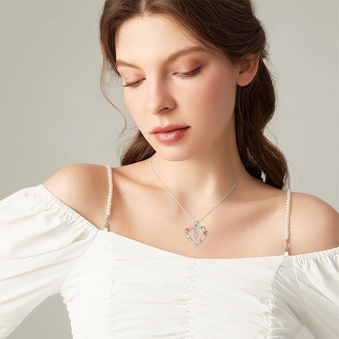 AOBOCO Rose Heart Necklaces Valentines Gifts for Women, 925 Sterling Silver Rose Love Heart Initial Letter Pendant Necklace Jewelry Mothers Day Christmas Birthday Gifts for Her Mom Wife Girlfriend