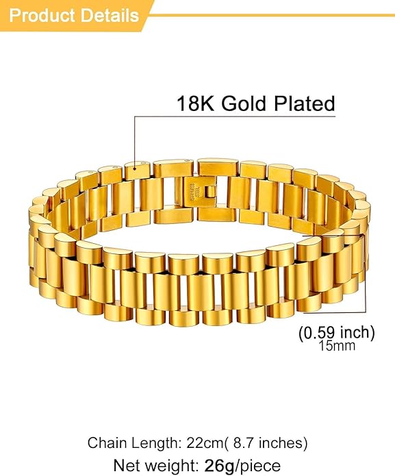 U7 Link Bracelets for Men, Cuban Link/Rope/Watch Band Solid Bracelet, Silver Black Gold Color Wrist Bracelet 3/6/9/12/15mm Width, 6.5/7.5/8.3 Inch Length, Hand Chain Jewelry for Mens Women